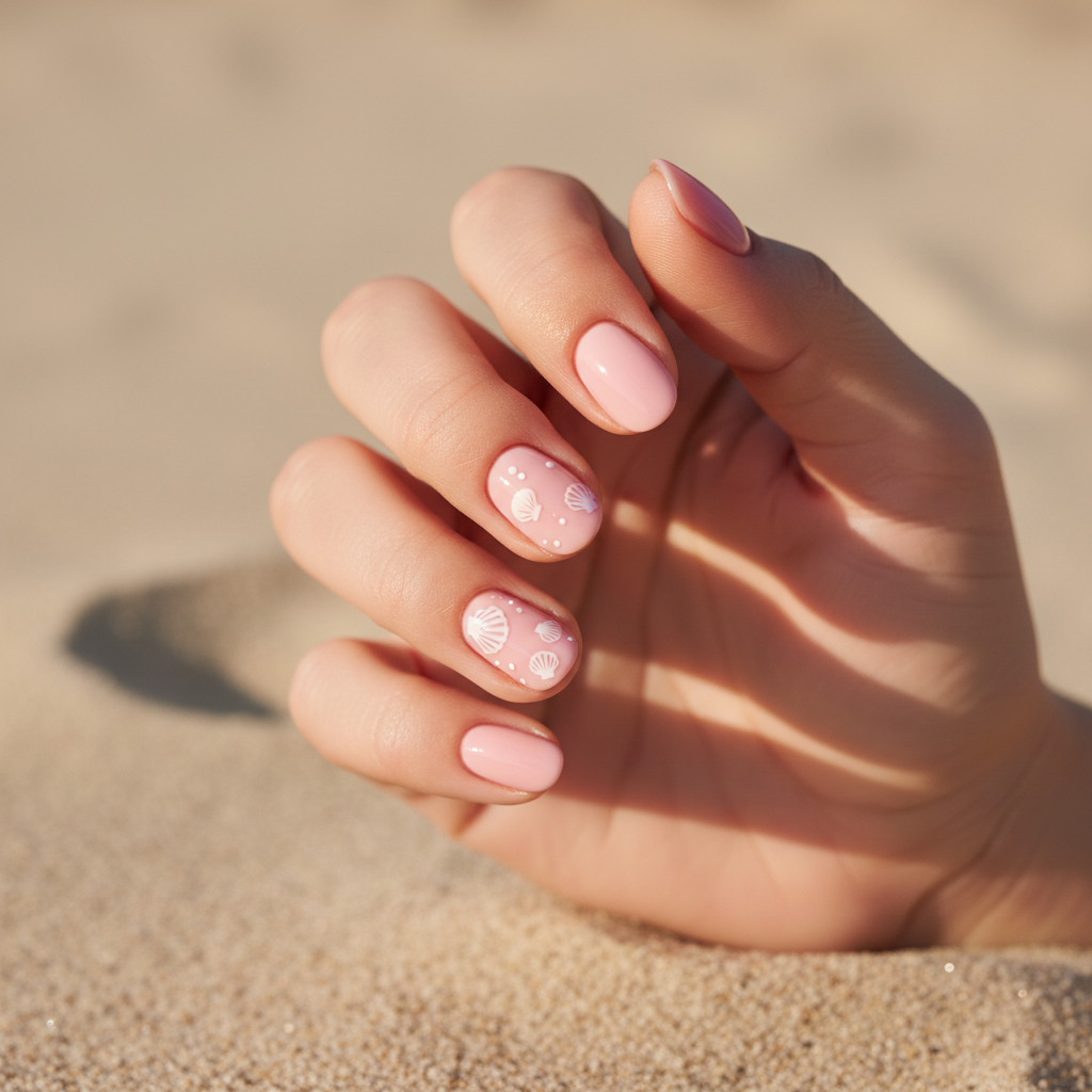 Beach Short Oval Nails in Soft Pastel-pink With Hand-painted Tiny Whit