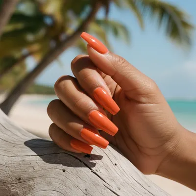 Beach Long Coffin Nails in Glossy Bright Orange Tangerine
