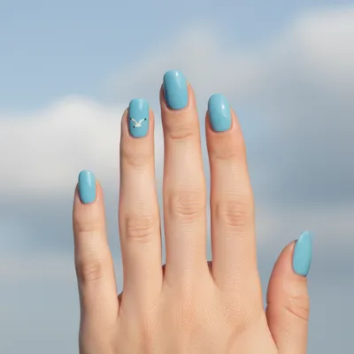 Beach Short Squoval Nails in Glossy Sky-blue With Hand-painted Tiny wh