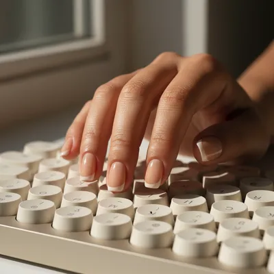 Office Work-ready Short Squoval Nails in Tonal Beige Micro-french on w