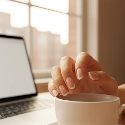 Office Sheer Warm Beige Short Almond Nails With a Tonal Micro-french t