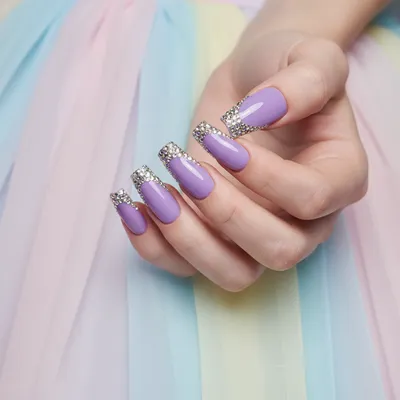 Prom Extra-long Coffin Nails in Glossy Lilac With Rhinestone-french cl