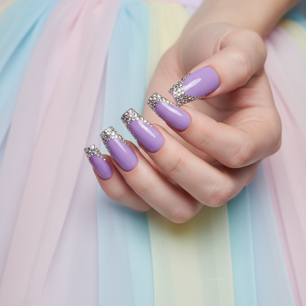 Prom Extra-long Coffin Nails in Glossy Lilac With Rhinestone-french cl