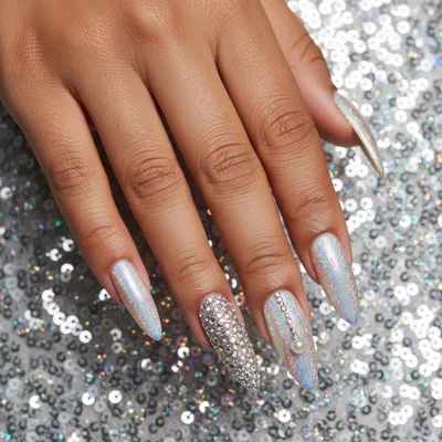 Prom Holographic Long Stiletto Nails With Rhinestone Scatter on The ri