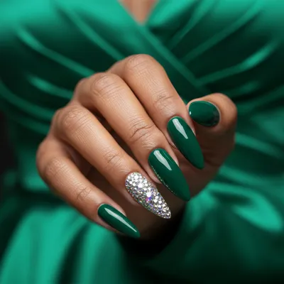 Prom Extra-long Stiletto Nails in Glamour Deep-emerald Glossy Green wi