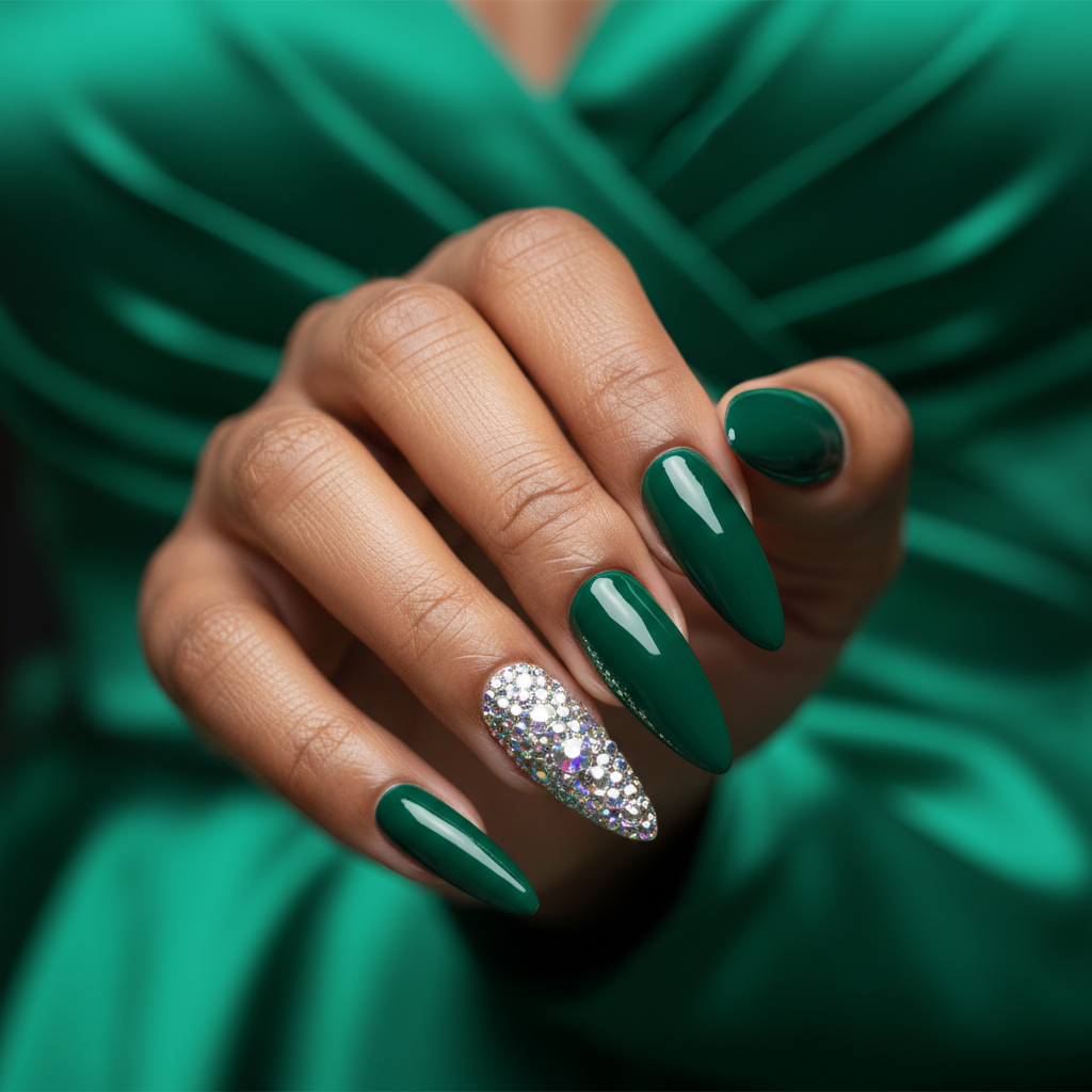 Prom Extra-long Stiletto Nails in Glamour Deep-emerald Glossy Green wi