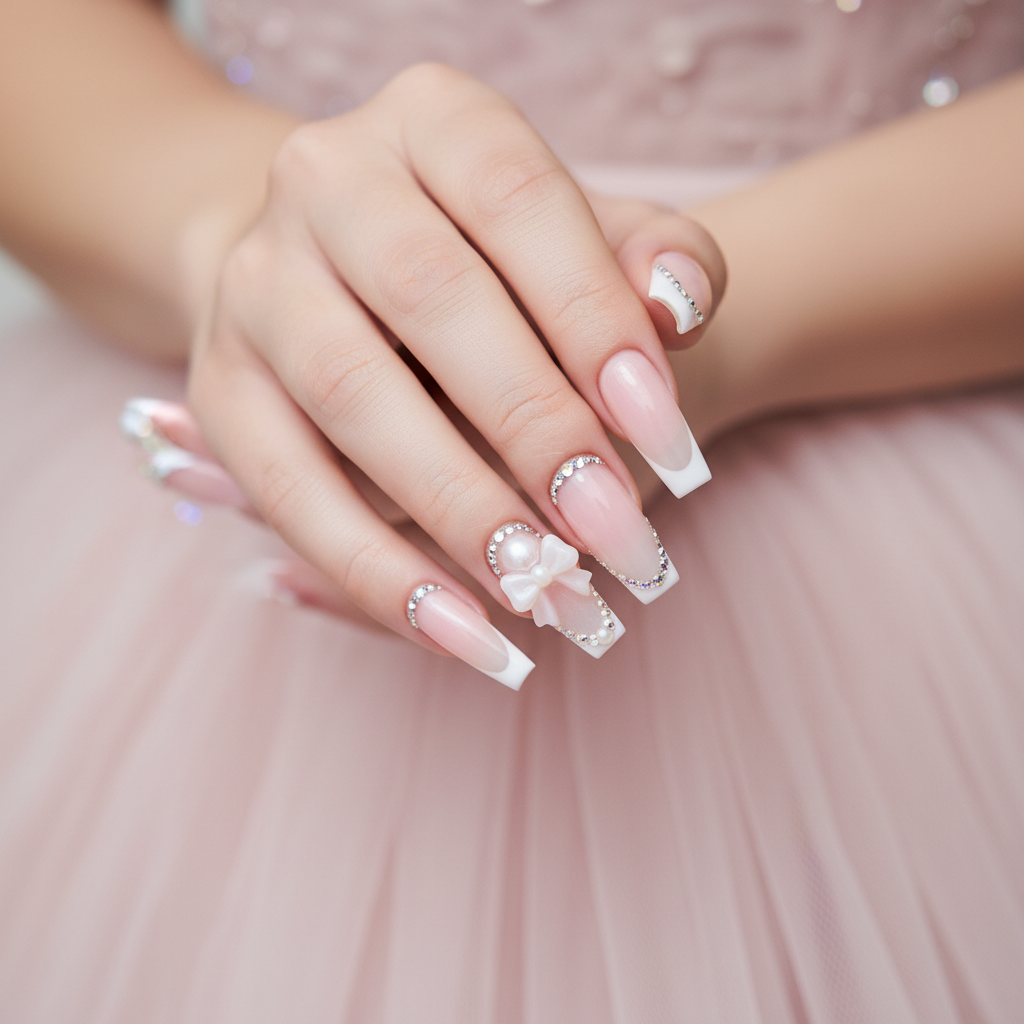 Prom Extra-long Coffin Nails in Baby-pink Milky With Rhinestone-pearl