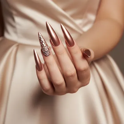 Prom Rose-gold Chrome Extra-long Stiletto Nails With Rhinestone Scatte