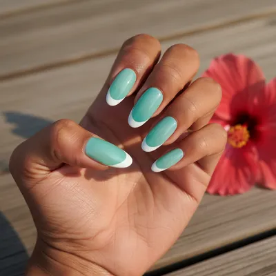 Vacation Long Oval Nails in Sea-glass Turquoise With a Clean White Fre