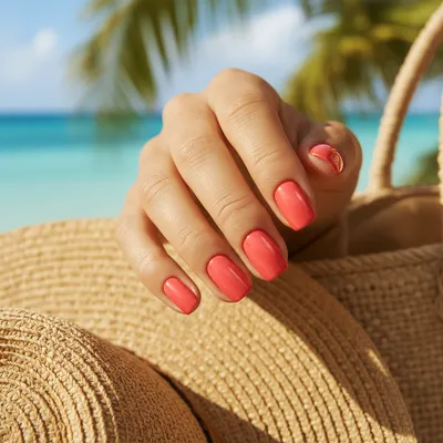 Vacation Short Squoval Nails in Glossy Bright Coral