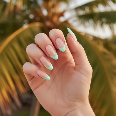 Vacation Long Oval Nails in Mint Pastel Green French Tip