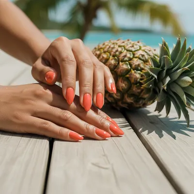 Vacation Short Almond Nails in Glossy Tangerine Orange
