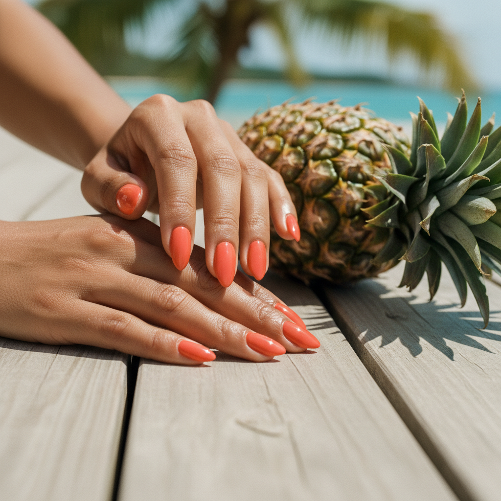 Vacation Short Almond Nails in Glossy Tangerine Orange