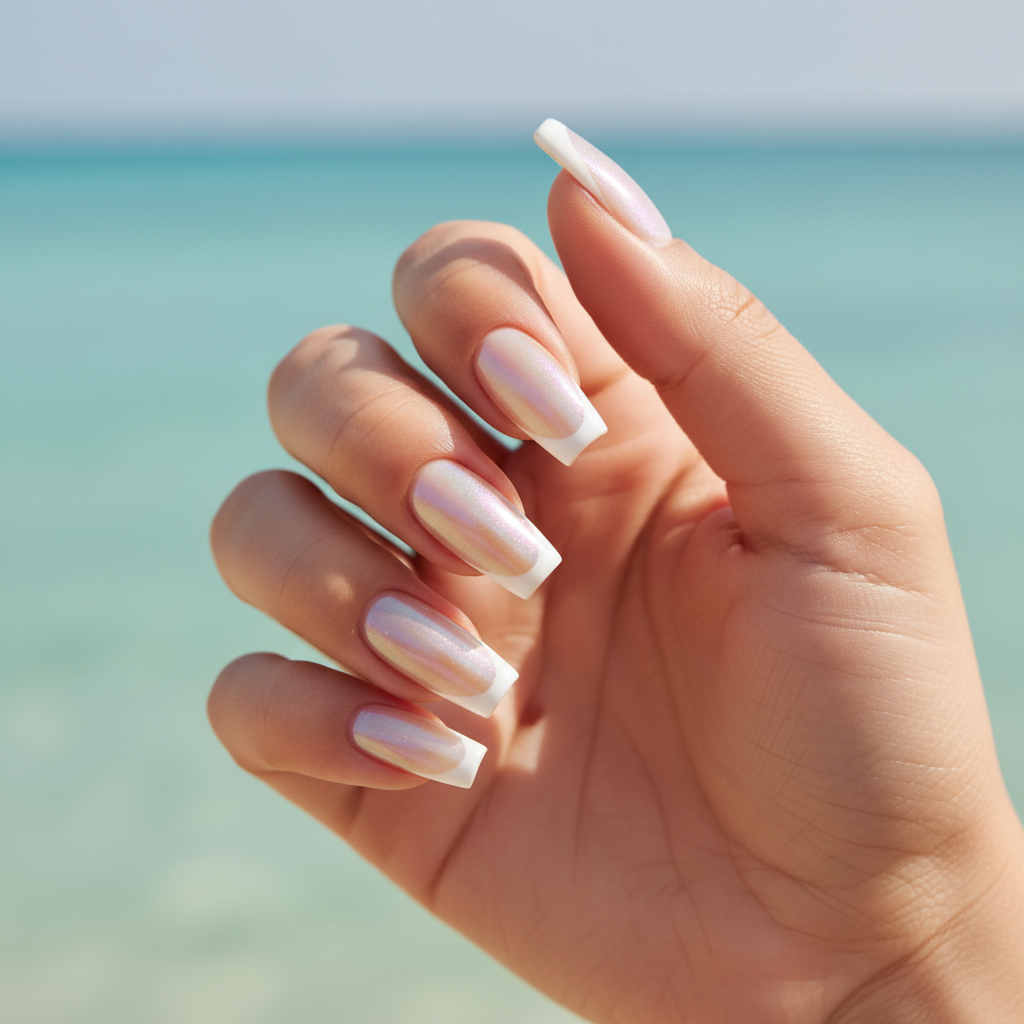 Vacation Long Coffin Nails in Pearl Chrome With a Clean White French t