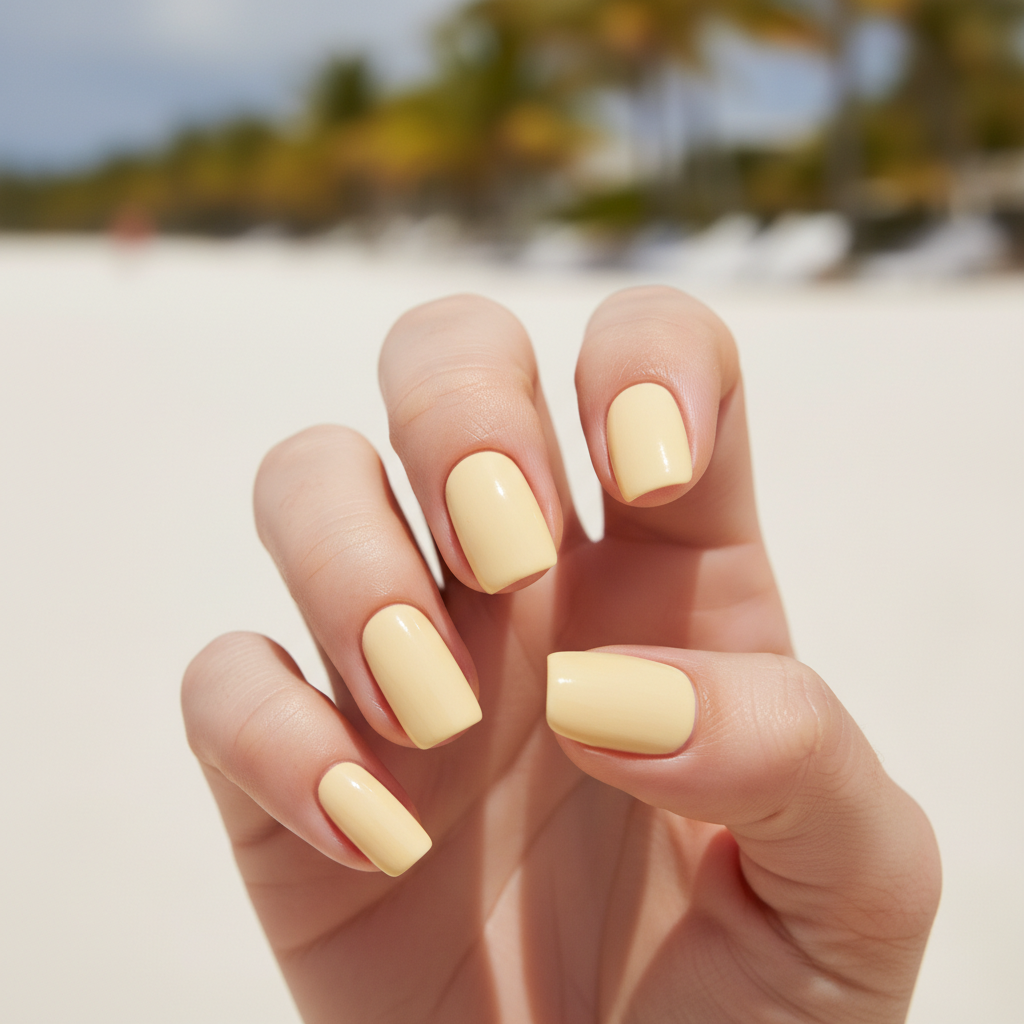 Vacation Long Squoval Nails in Butter Yellow Pastel