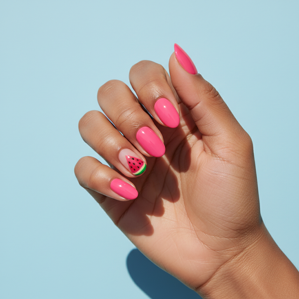 Summer Hand-painted Watermelon-print Short Almond Nails — Tiny Hand-pa
