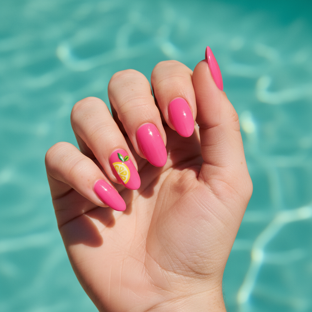 Summer Hot-pink Y2k Long Oval Nails With Hand-painted Tiny Lemon Slice