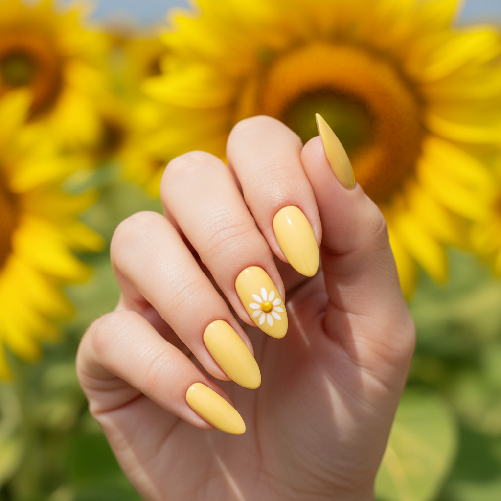 Summer Butter-yellow Long Almond Nails With Hand-painted Tiny White da