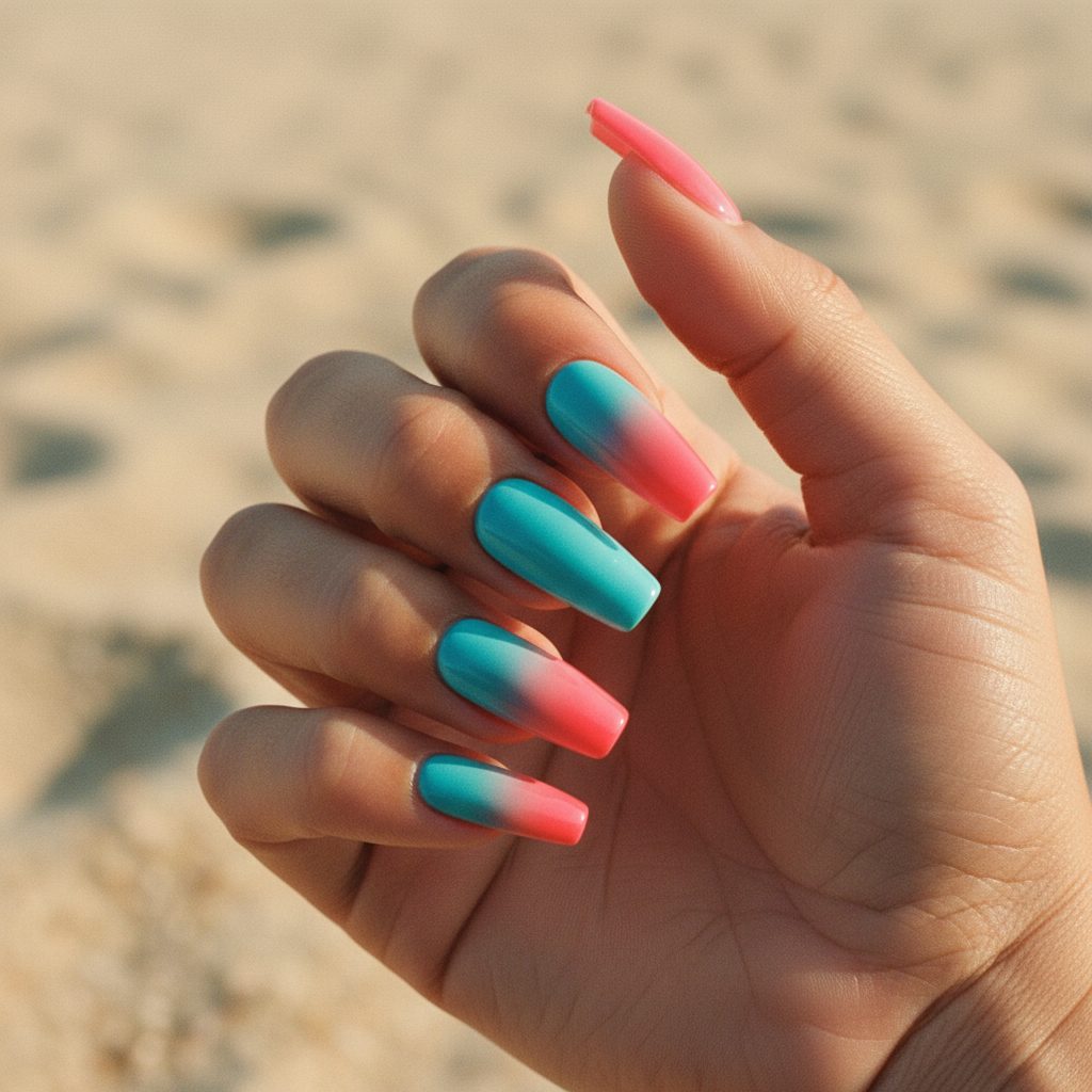 Summer Turquoise-to-coral Ombré Long Coffin Nails