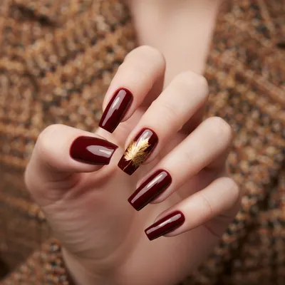 Fall Hand-painted Maple-leaf Accent Burgundy Long Coffin Nails — Singl