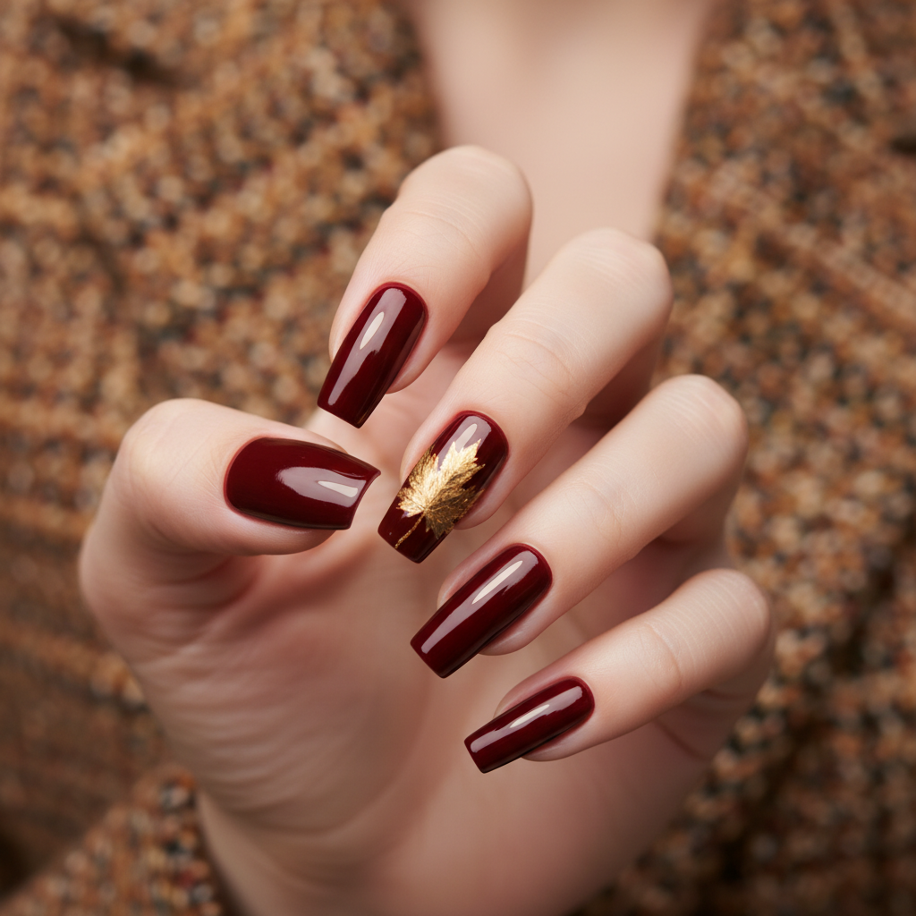 Fall Hand-painted Maple-leaf Accent Burgundy Long Coffin Nails — Singl