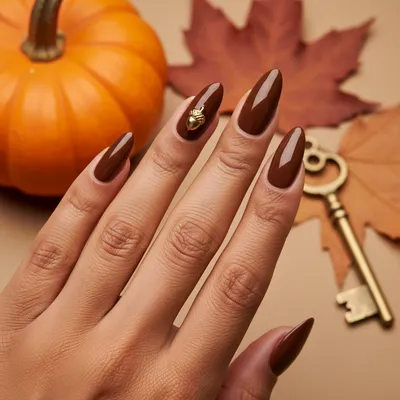 Fall Chocolate Brown Long Almond Nails With Tiny 3D Gold-foil Acorn ac