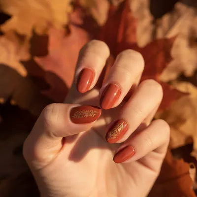 Fall Burnt-orange Terracotta Short Almond Nails With Hand-painted Tiny