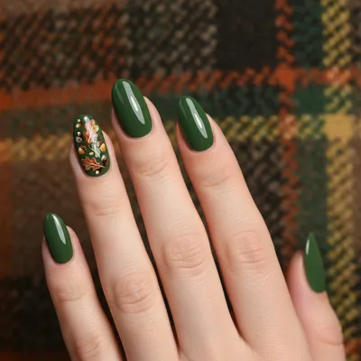 Fall Hunter-green Long Oval Nails With Hand-painted Micro Acorn-and-oa