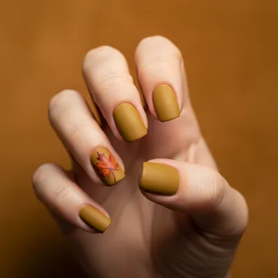 Fall Deep Mustard Yellow Short Squoval Nails With Hand-painted Single