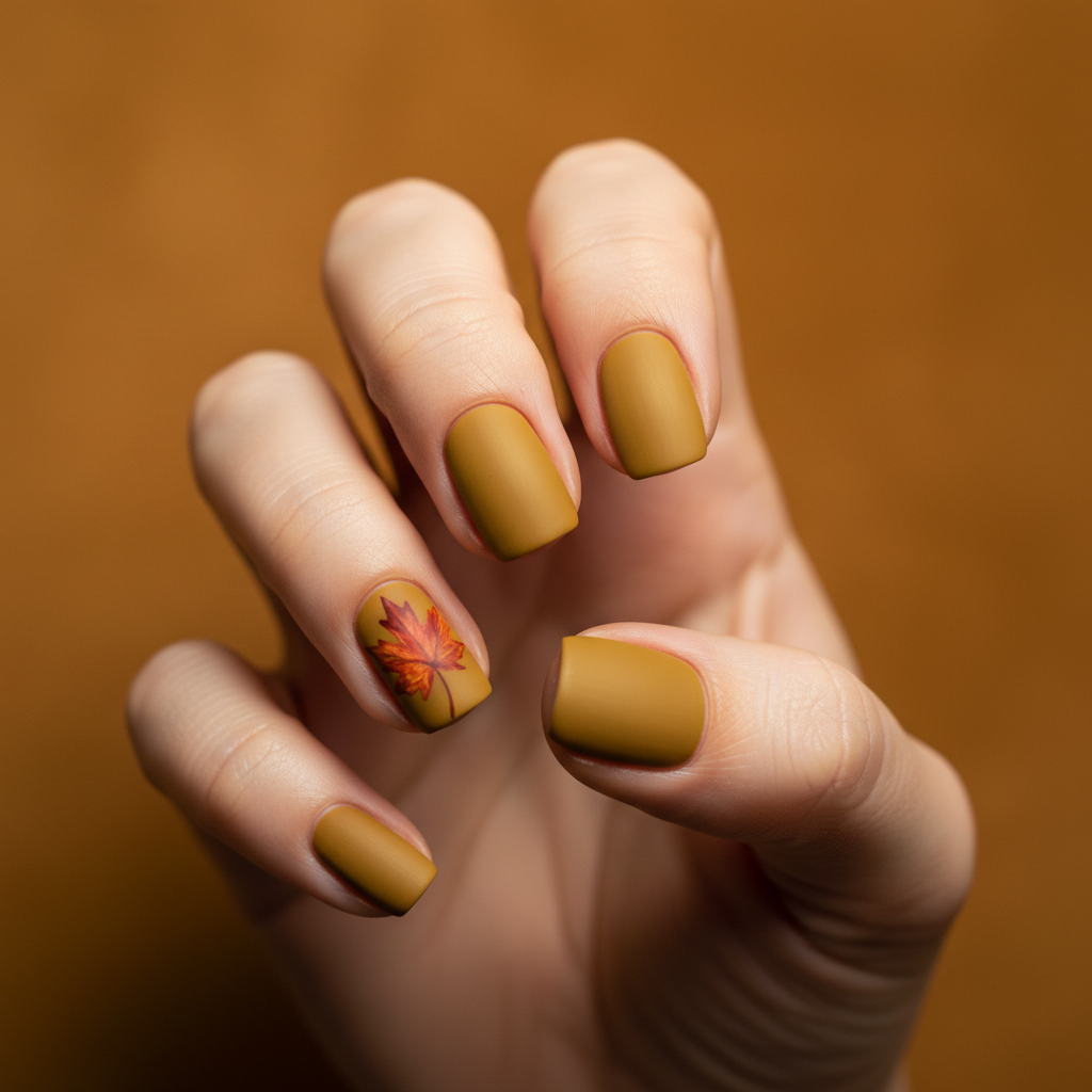 Fall Deep Mustard Yellow Short Squoval Nails With Hand-painted Single
