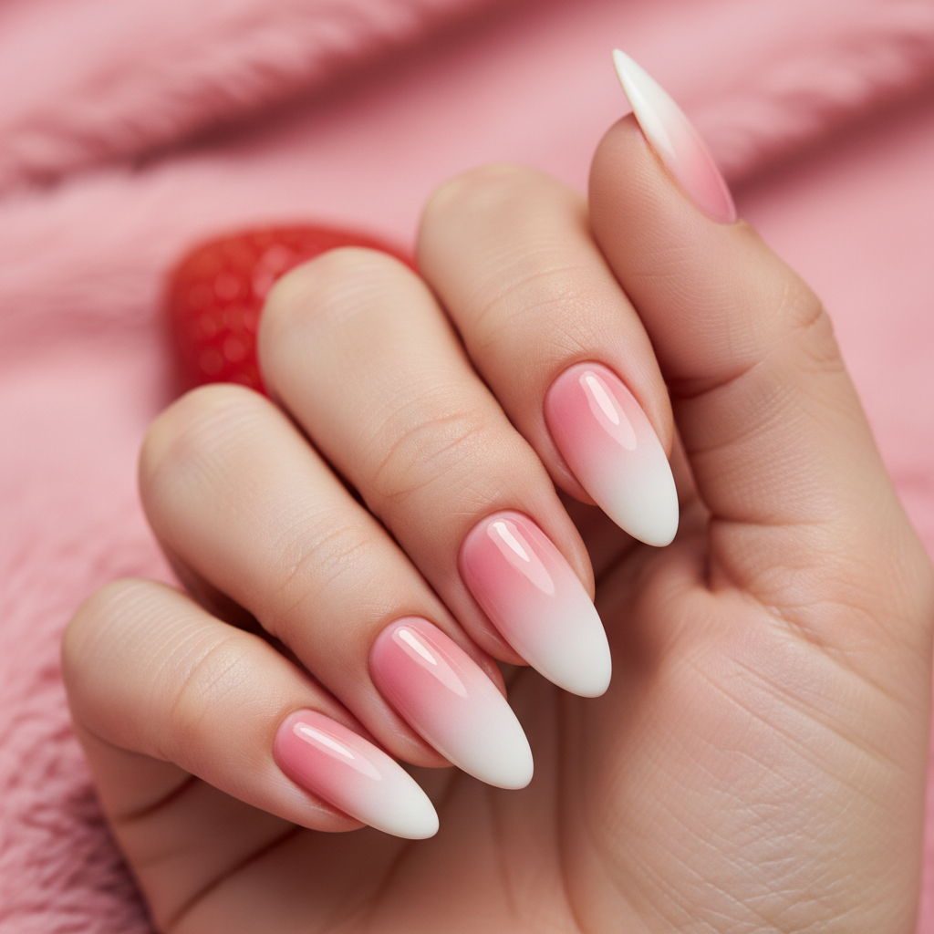 Pink-to-cream Vertical Ombré Long Almond Nails