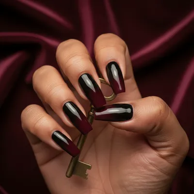Black-to-burgundy Ombré Long Coffin Nails