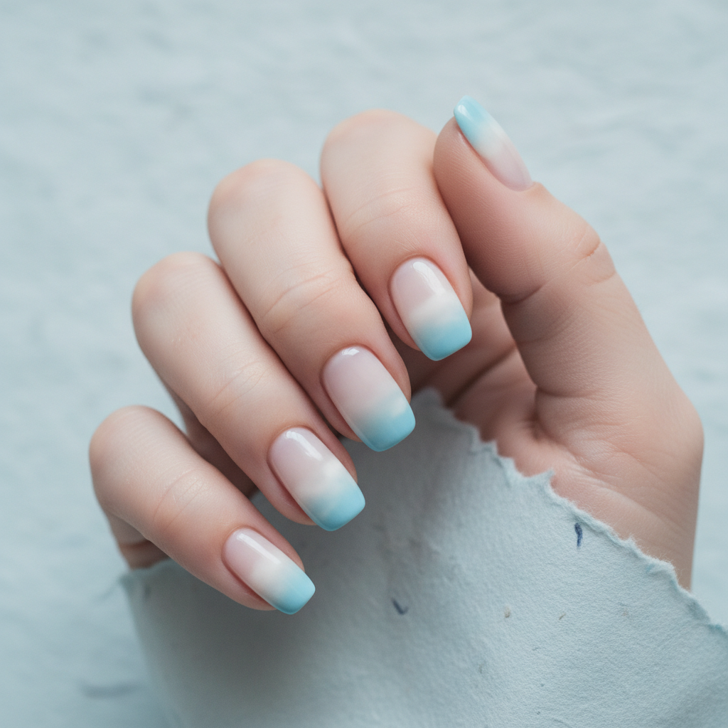 Sky-blue-to-white Ombré Short Squoval Nails
