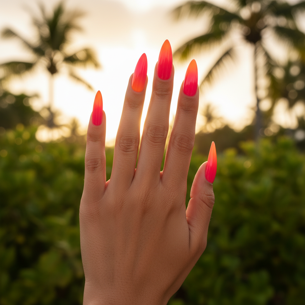 Hot-pink-to-orange Sunset Ombré Long Stiletto Nails