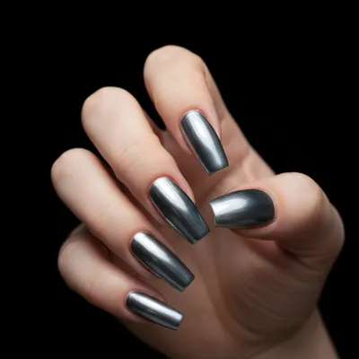 Silver-to-charcoal Ombré Chrome Long Coffin Nails