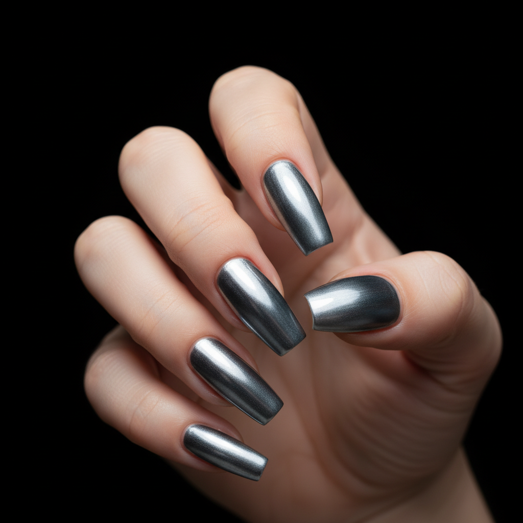 Silver-to-charcoal Ombré Chrome Long Coffin Nails