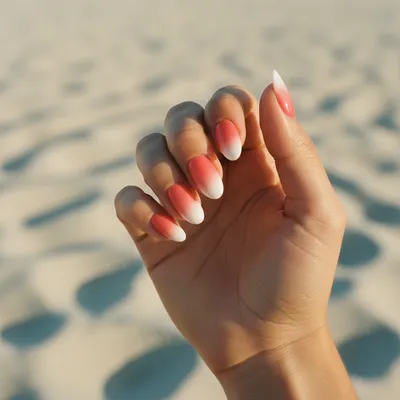 Coral-to-white Ombré Long Oval Nails