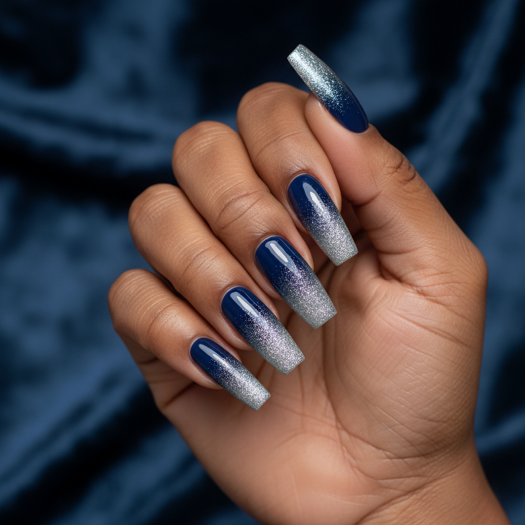 Navy-blue-to-silver Ombré Long Coffin Nails