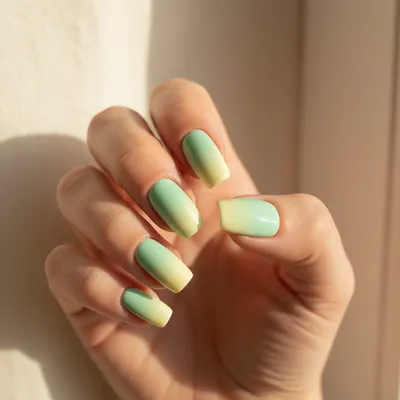 Mint-green-to-pale-yellow Ombré Long Squoval Nails