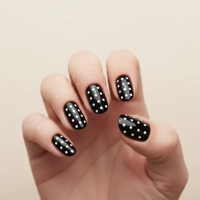 Retro-60s Polka-dot Oval Nails — Small White Dots on Glossy Black Base