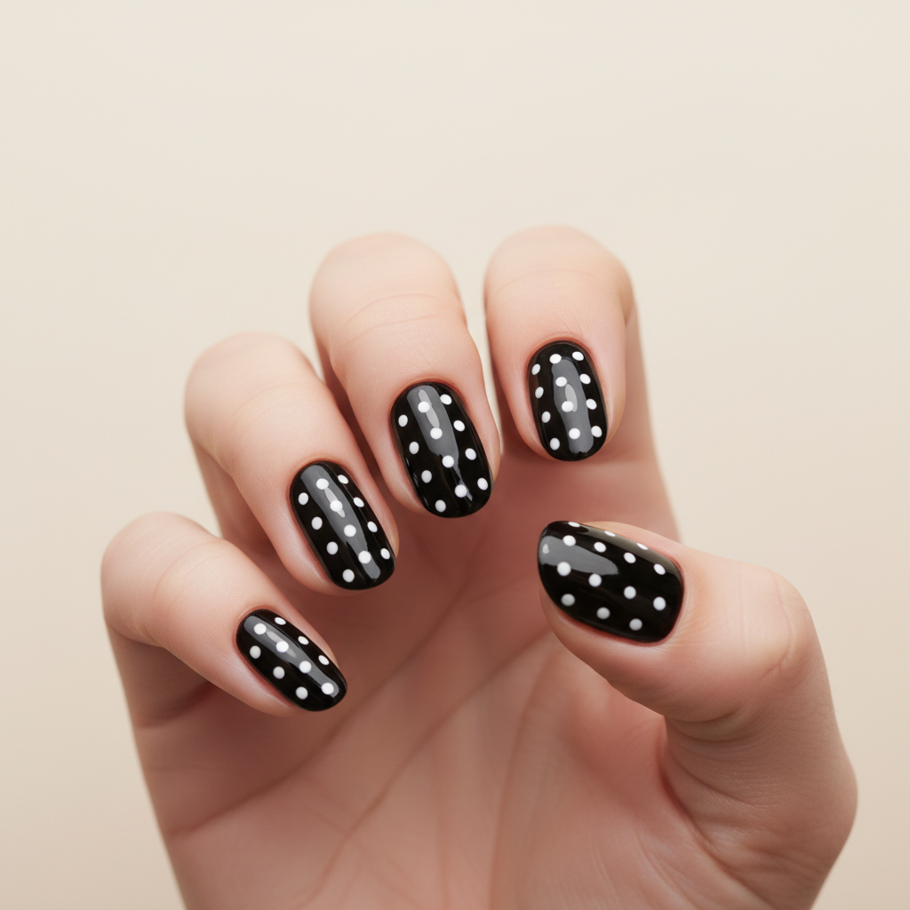Retro-60s Polka-dot Oval Nails — Small White Dots on Glossy Black Base