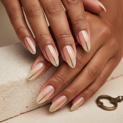 Abstract Single-line Minimal Long Almond Nails — One Thin Gold-foil ve