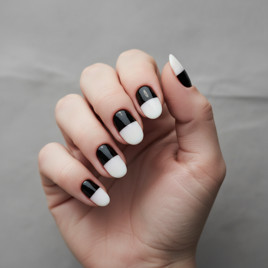 Abstract Color-block Short Oval Nails — Quarter-nail Black