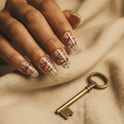 Abstract Thin-line Geometric Long Oval Nails — Fine Intersecting Black
