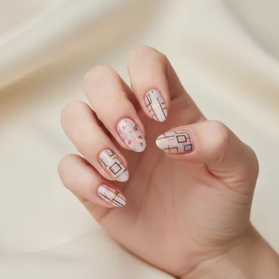 Abstract Floral-meets-geometric Short Almond Nails — Half Pastel-pink