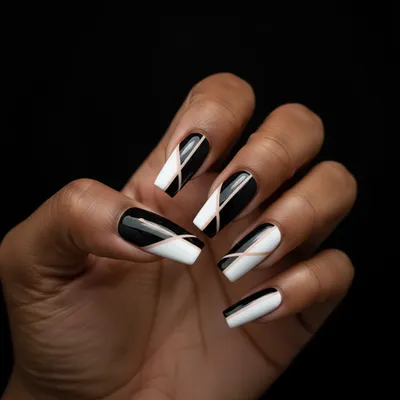 Abstract Negative-space Long Coffin Nails — Single Thin Diagonal Nude