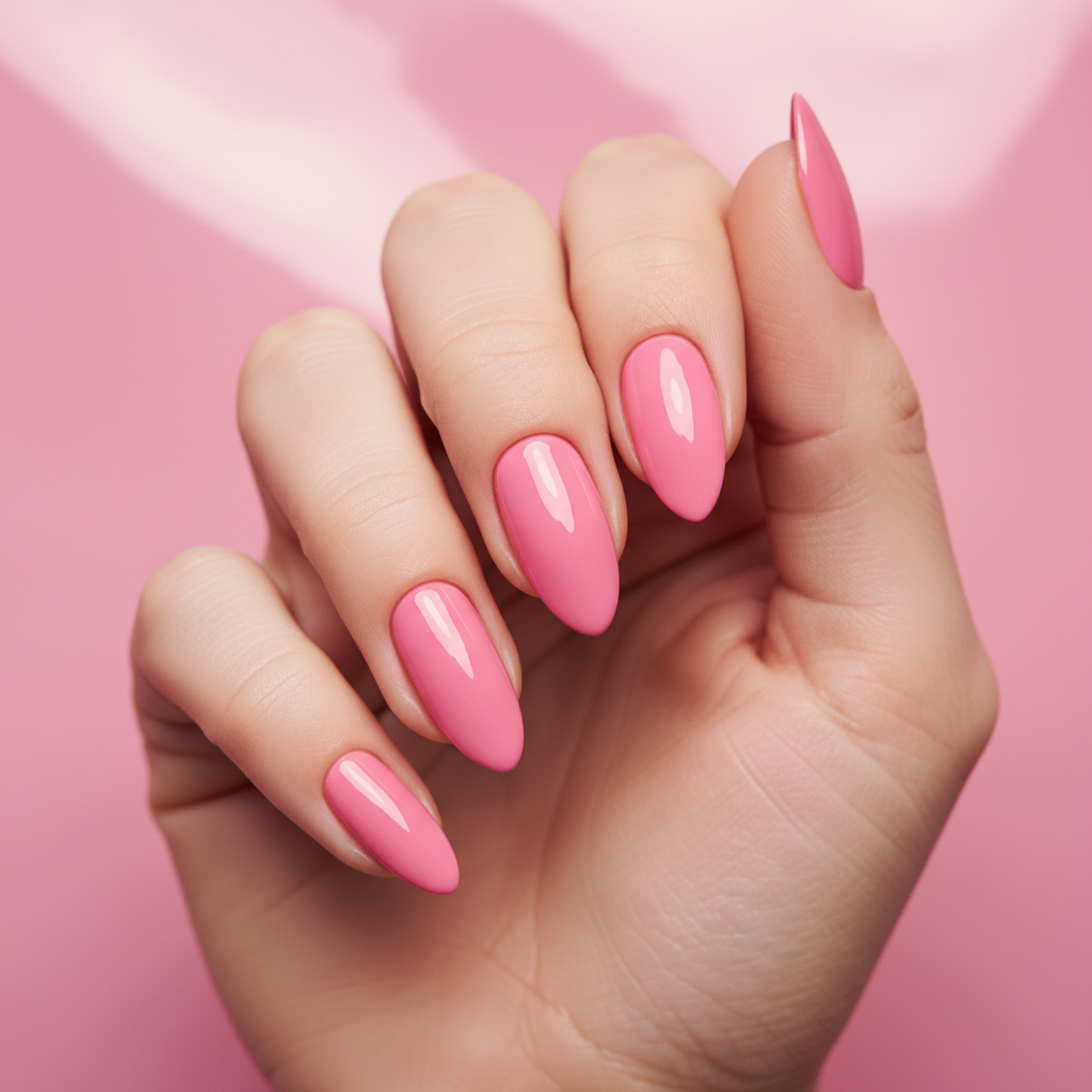 Bubblegum-pink High-gloss Almond Nails