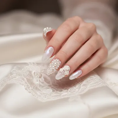 3D Pearl-cluster Floral Wedding Bridal Long Oval Nails — Pearls And ti