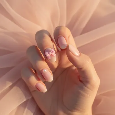 3D Sculpted Bow Charm Coquette Short Almond Nails — Micro Pink Bow Emb