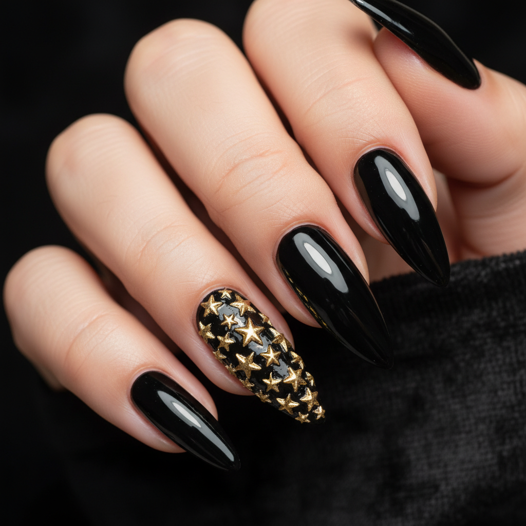 3D Gold-foil Sculpted Star Accent Extra-long Stiletto Nails — Gold Sta